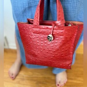 Furla Red Ostrich Embossed Leather Divide It Tote Bag Elegant